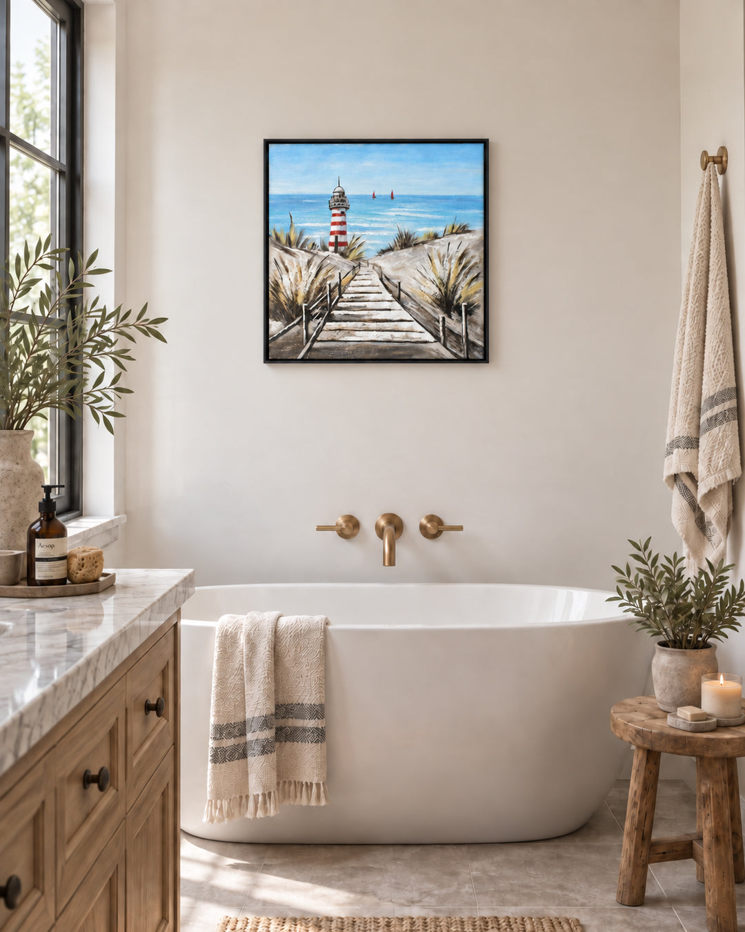 Reminiscence handmade lighthouse painting in a bathroom
