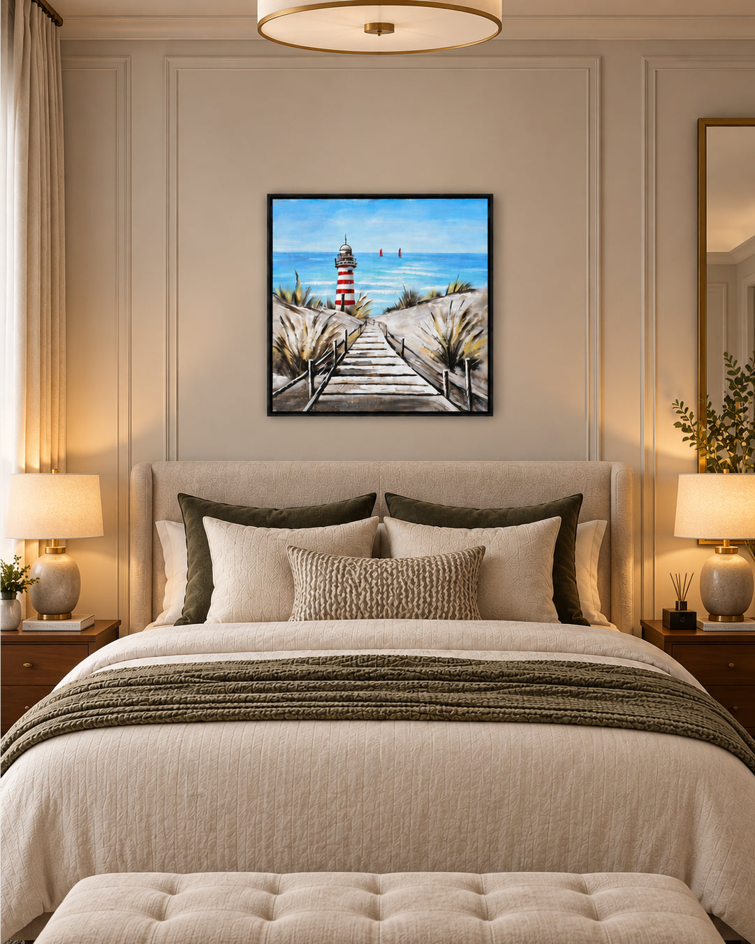 Reminiscence handmade lighthouse painting above a bed in a bedroom