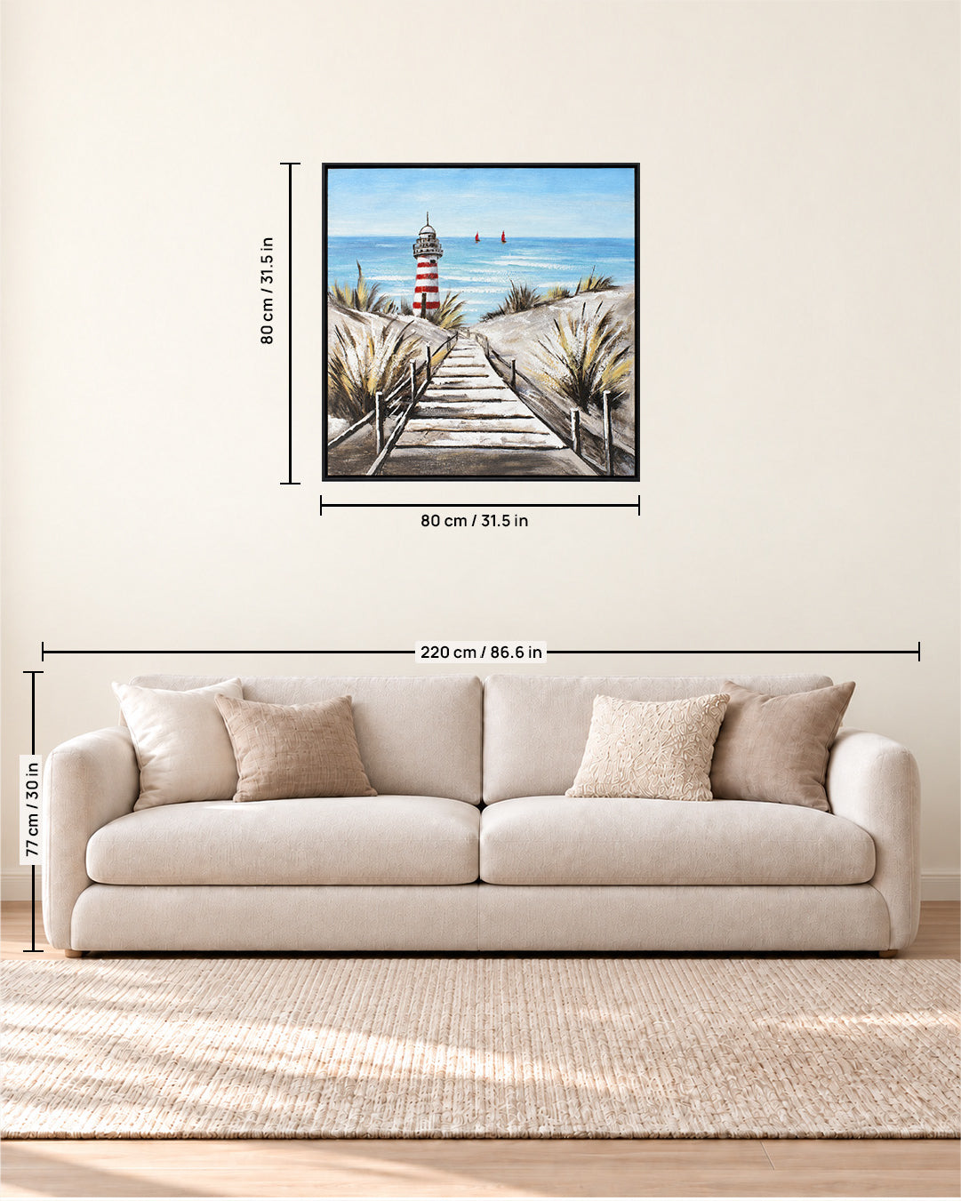 Reminiscence handmade lighthouse painting size guide above a sofa