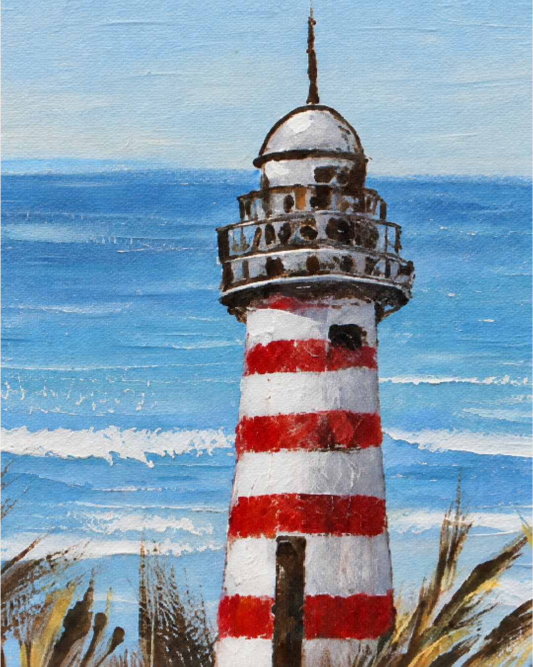 Reminiscence handmade lighthouse painting close-up of the textured paint
