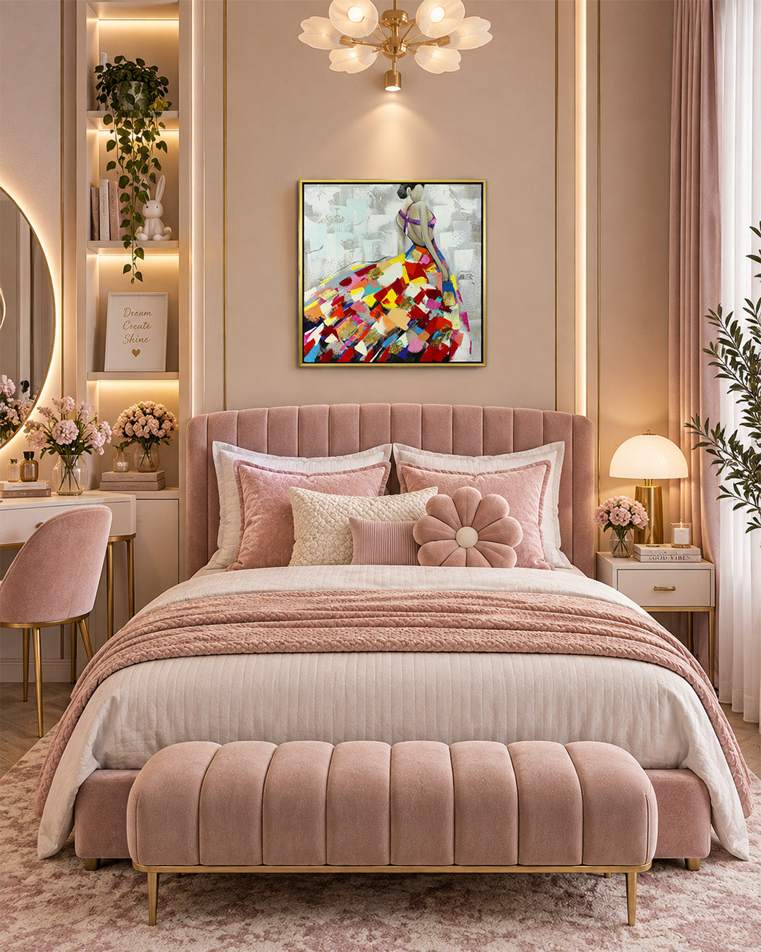 Rhapsody woman in colourful dress painting above a bed in a bedroom