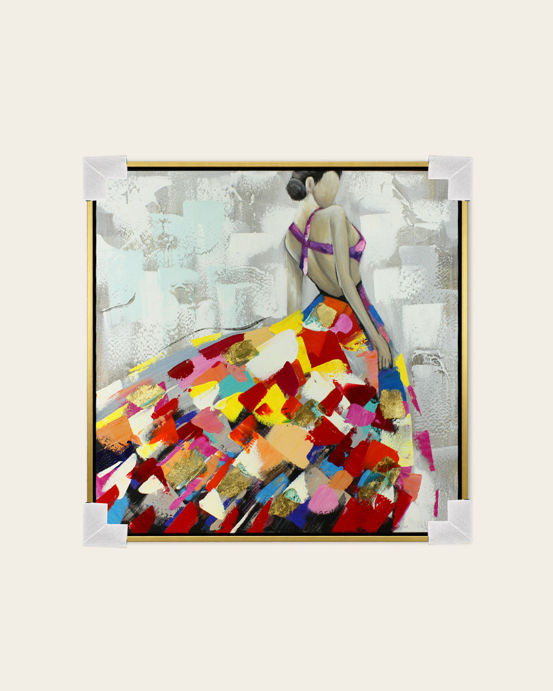 Rhapsody woman in colourful dress painting with corner protectors for delivery