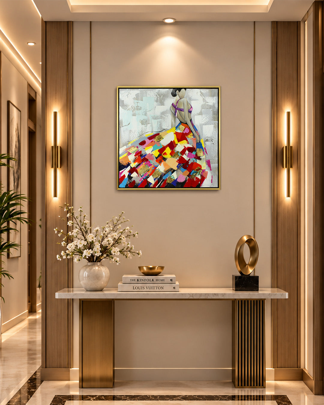 Rhapsody woman in colourful dress painting in a hallway
