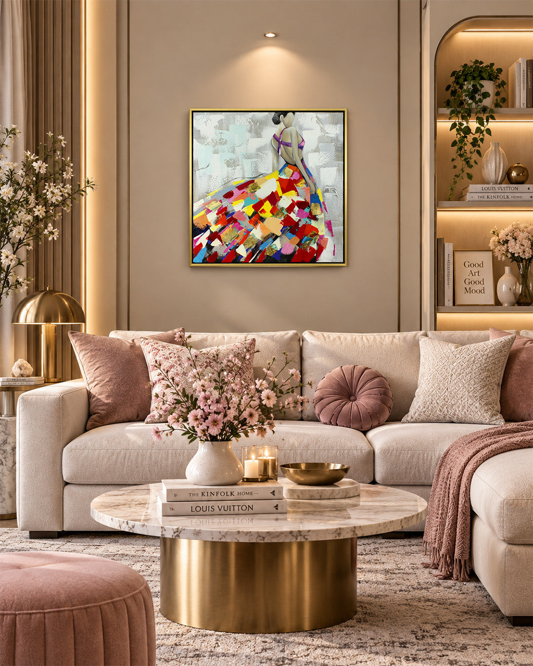 Rhapsody woman in colourful dress painting above a sofa in a living room