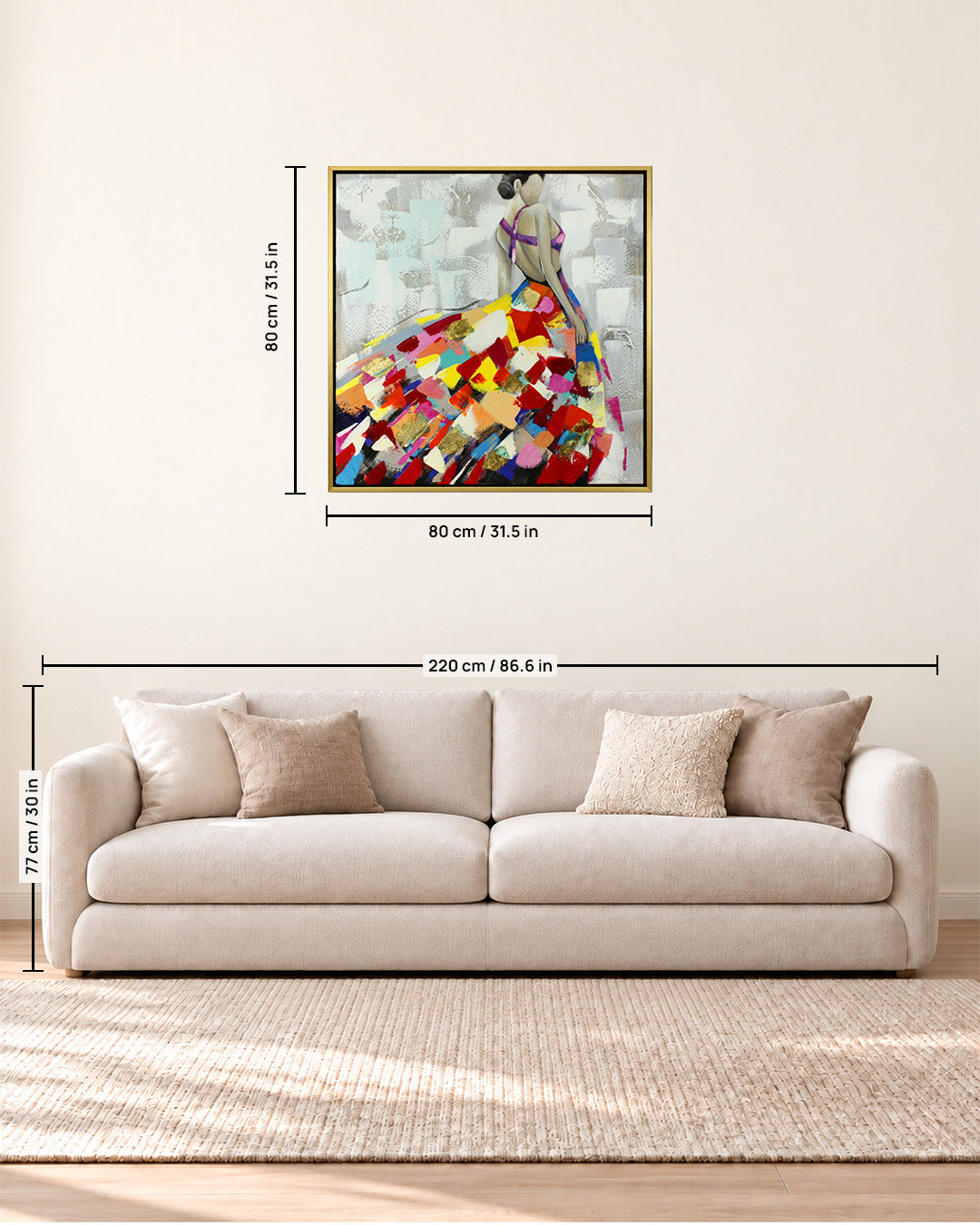 Rhapsody woman in colourful dress painting size guide above a sofa