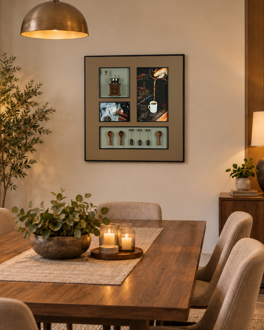 Ritual of Coffee coffee grinder 3D shadow box wall art in a dining room