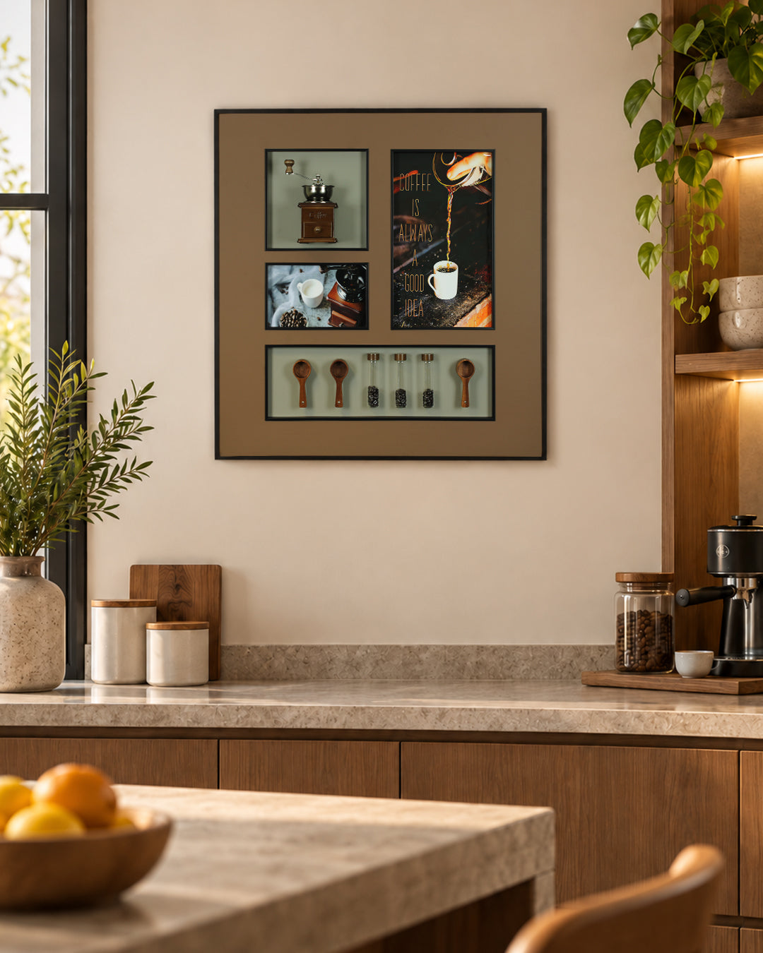 Ritual of Coffee coffee grinder 3D shadow box wall art in a kitchen