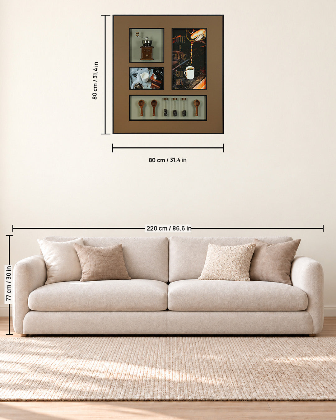 Ritual of Coffee coffee grinder 3D shadow box wall art size guide above a sofa