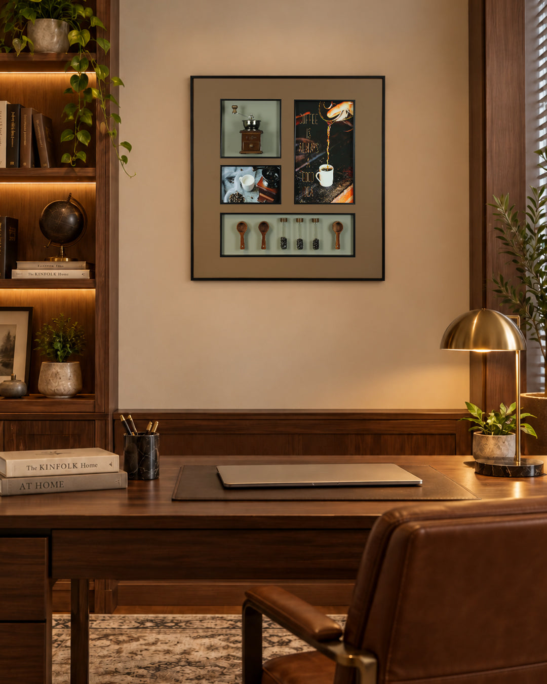 Ritual of Coffee coffee grinder 3D shadow box wall art in a study above a desk