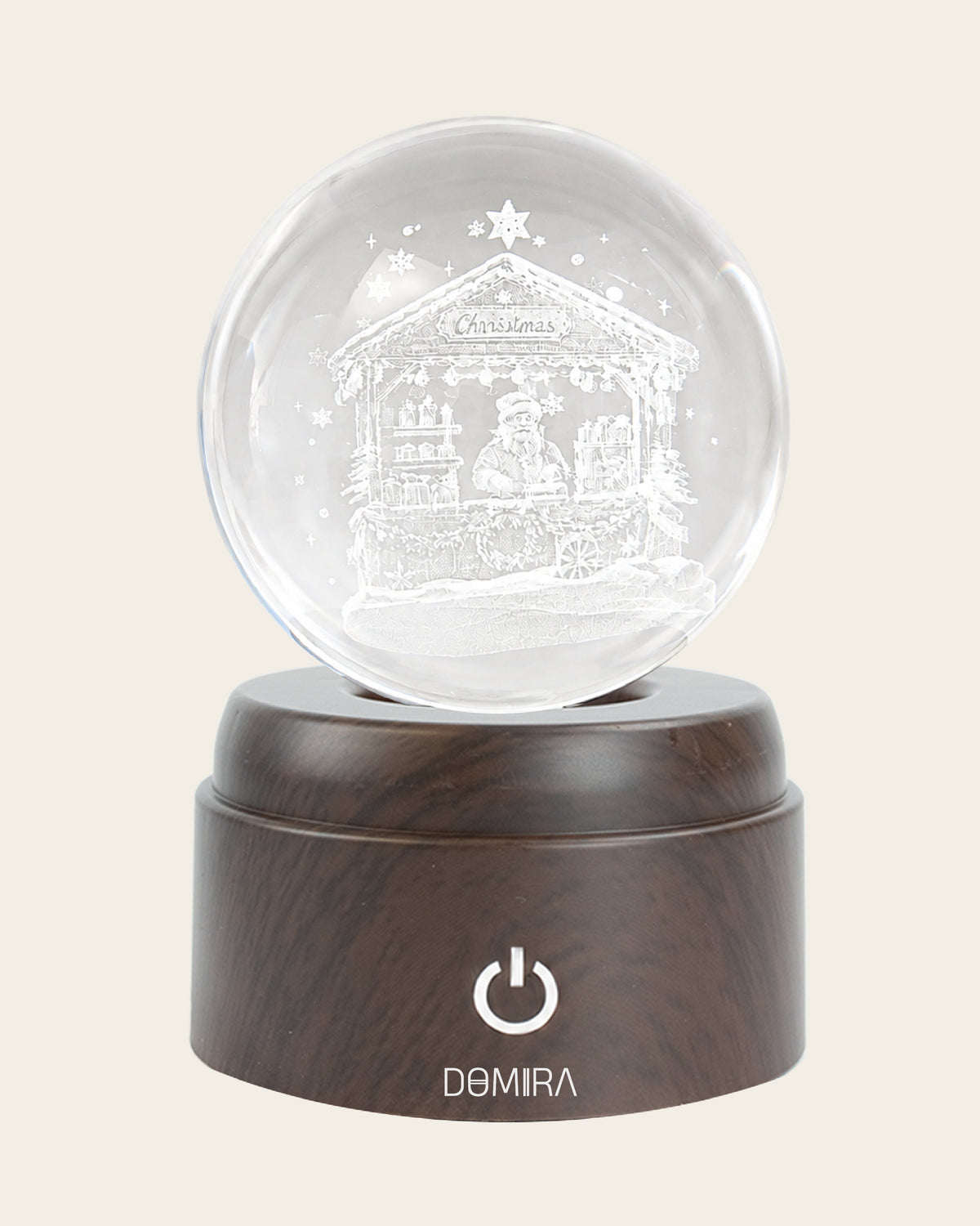 Christmas Market crystal globe front view on its rotating LED base