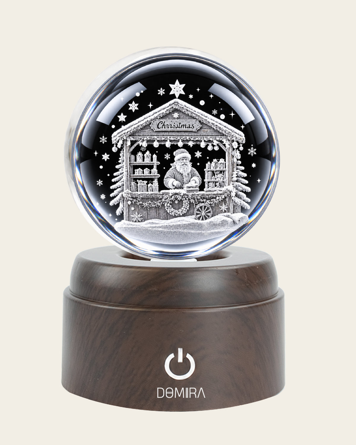 Christmas Market crystal globe close-up of the 3D engraved design