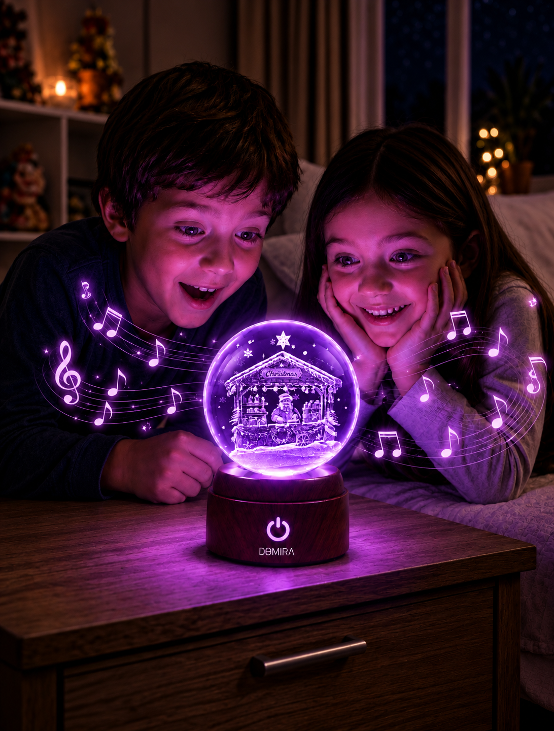 Two children enjoying the Christmas Market crystal globe as the Christmas jingle plays