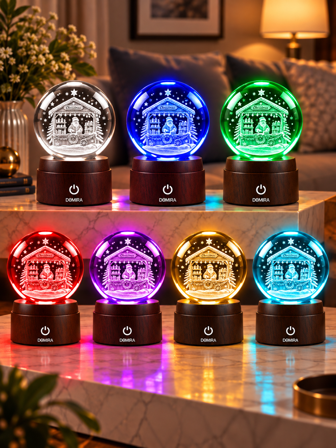 Christmas Market crystal globe shown in seven LED colours