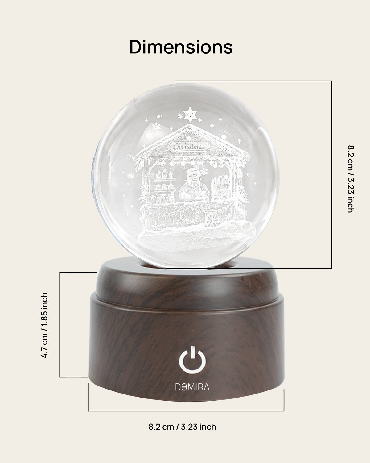 Christmas Market crystal globe dimensions: 8.2 cm globe on an 8.2 cm wide, 4.7 cm high base