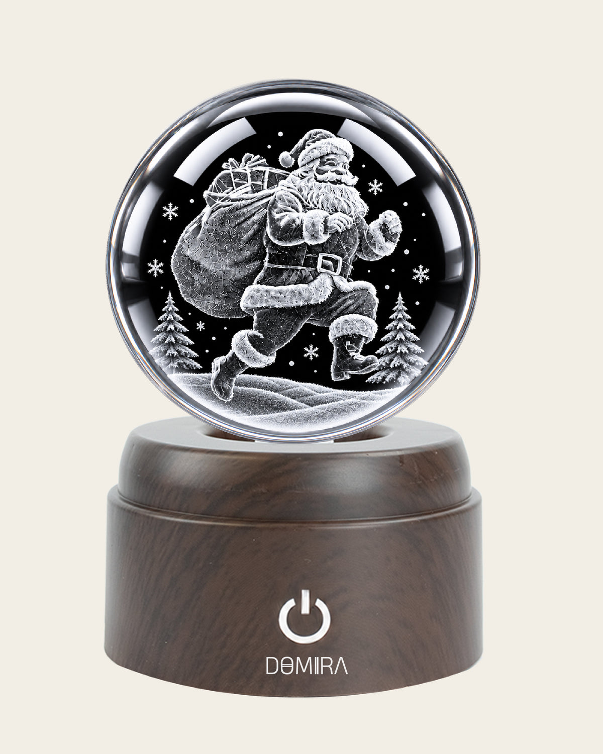 Midnight Santa crystal globe close-up of the 3D engraved design