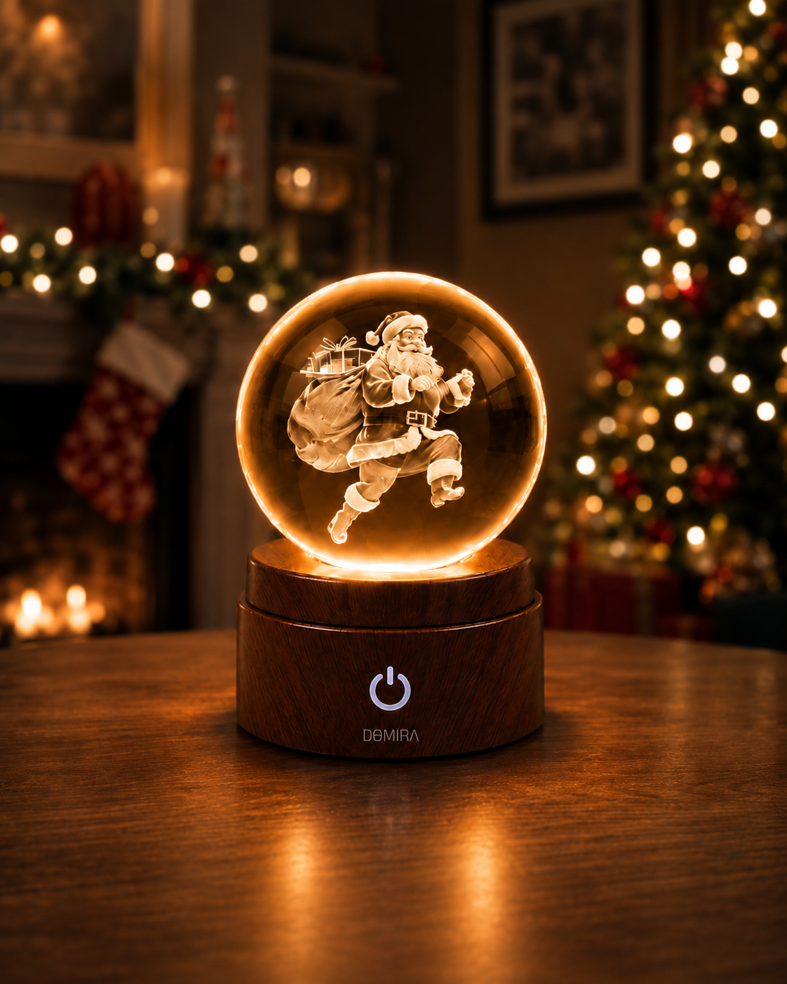 Midnight Santa crystal globe glowing warm amber