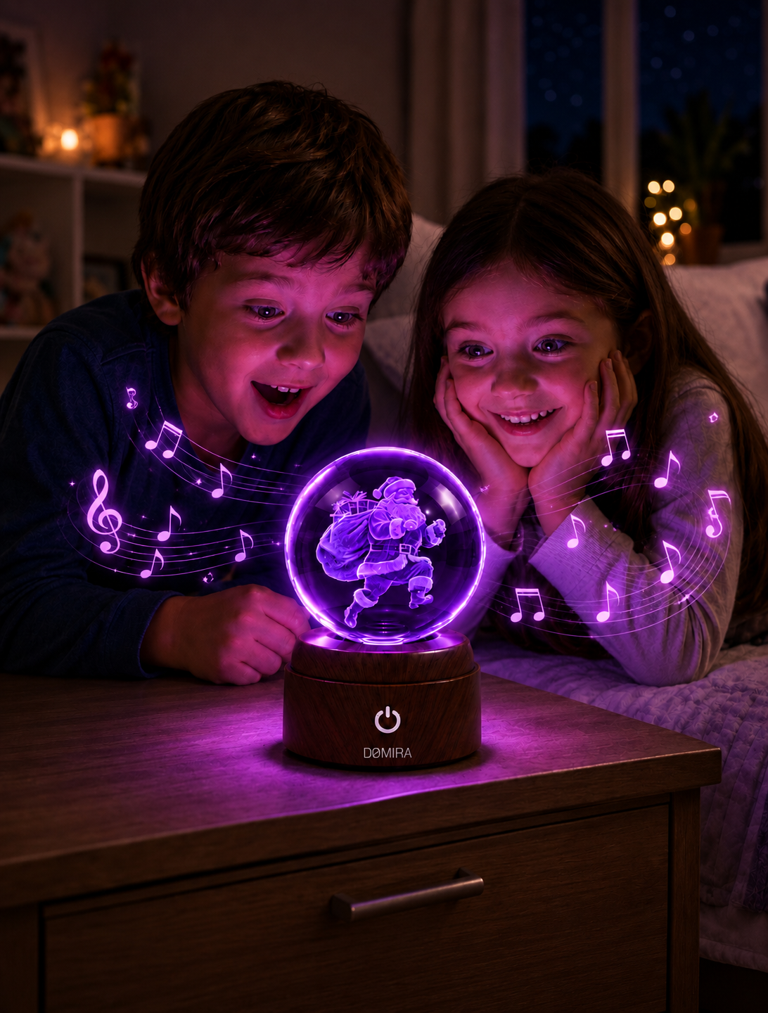 Two children enjoying the Midnight Santa crystal globe as the Christmas jingle plays