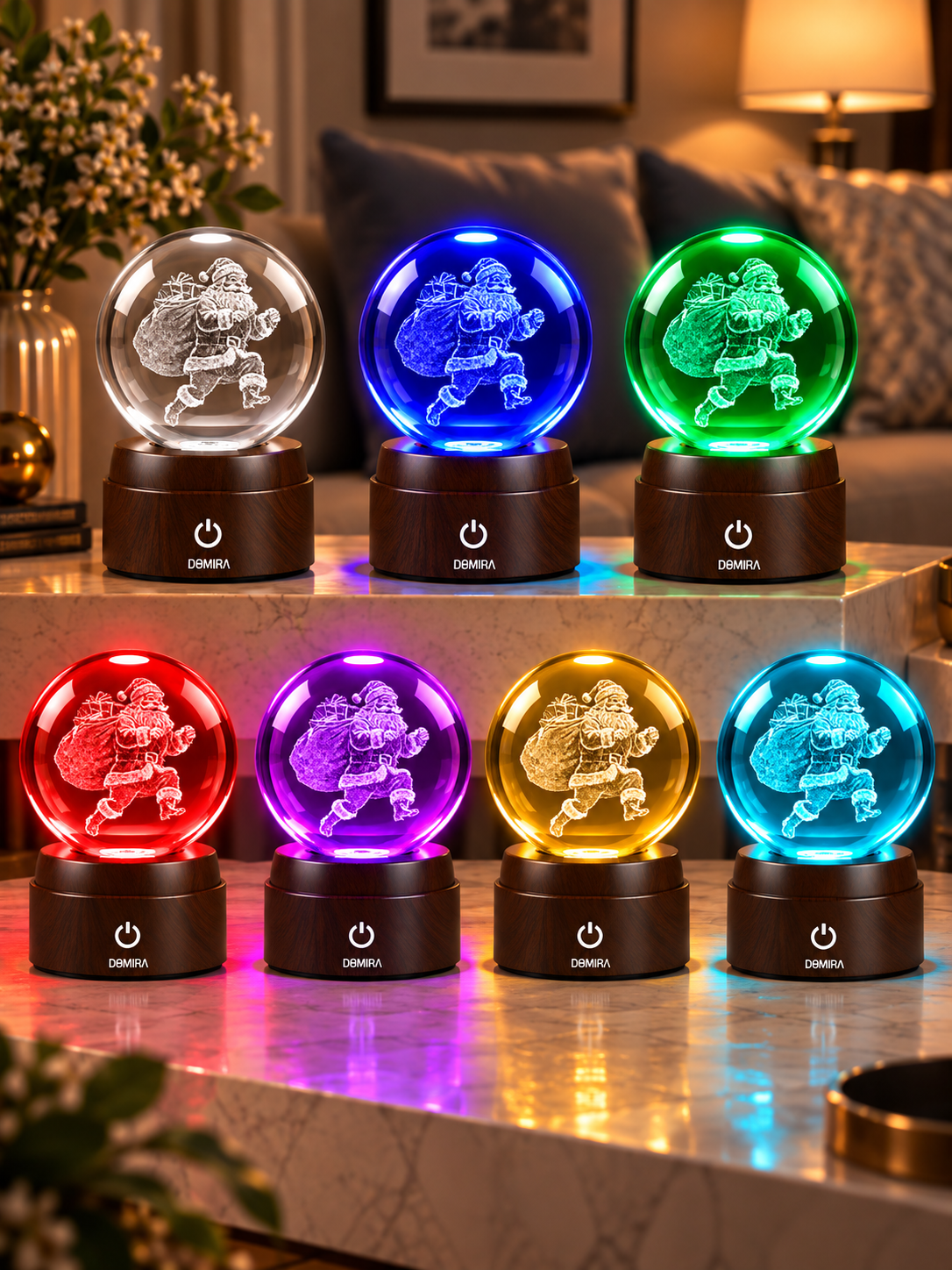 Midnight Santa crystal globe shown in seven LED colours