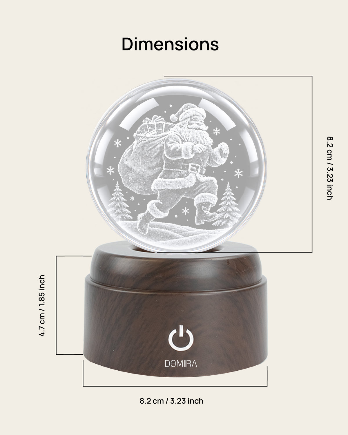 Midnight Santa crystal globe dimensions: 8.2 cm globe on an 8.2 cm wide, 4.7 cm high base