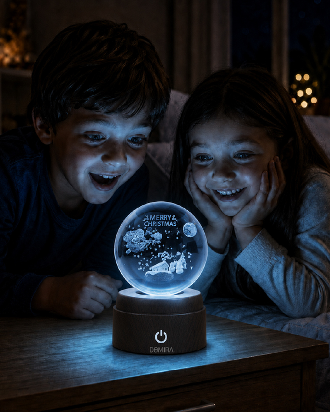 Two children admiring the Night Before Christmas crystal globe