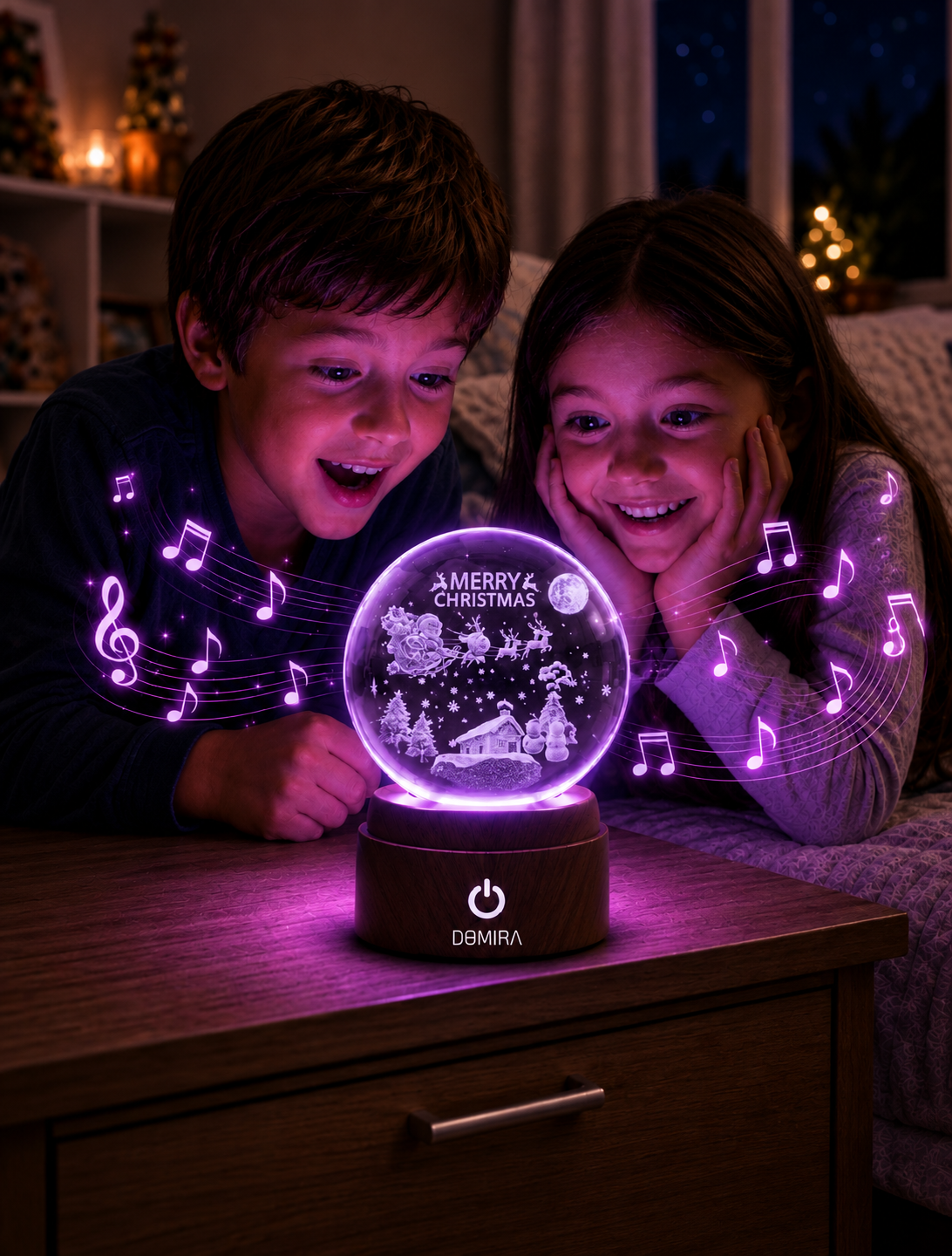 Two children enjoying the Night Before Christmas crystal globe as the Christmas jingle plays