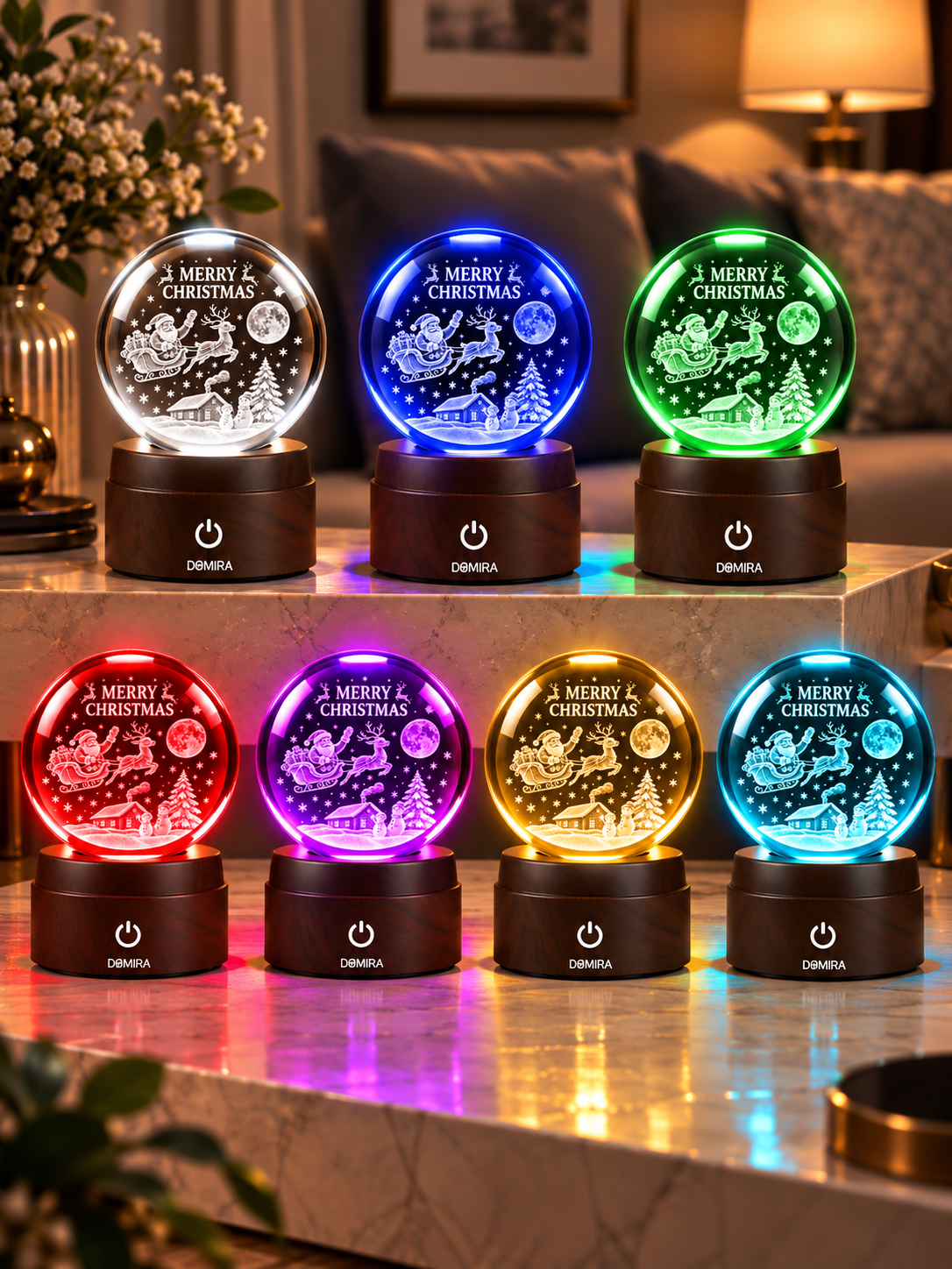 Night Before Christmas crystal globe shown in seven LED colours