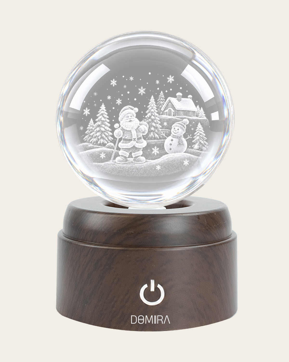 Season of Joy crystal globe front view on its rotating LED base