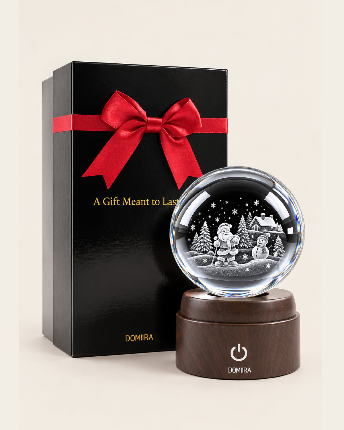 Season of Joy crystal globe beside its ribbon-finished gift box