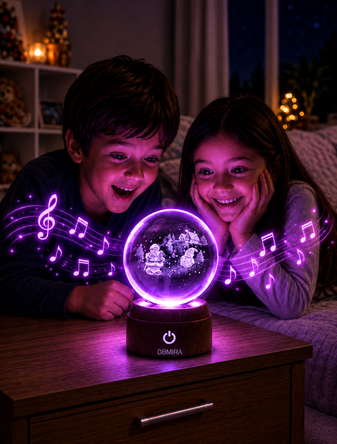 Two children enjoying the Season of Joy crystal globe as the Christmas jingle plays