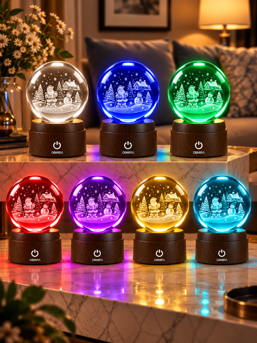 Season of Joy crystal globe shown in seven LED colours