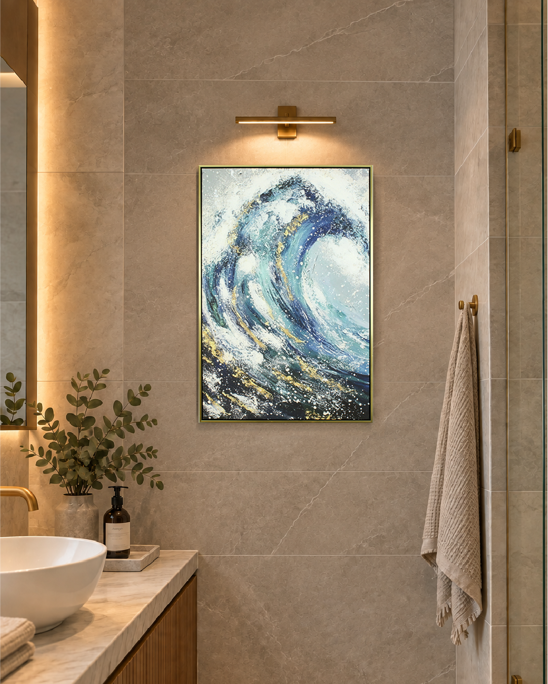 Sapphire Swell coastal wave wall art in a bathroom beside a freestanding bath