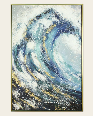 Sapphire Swell coastal wave wall art front view in a gold and black frame