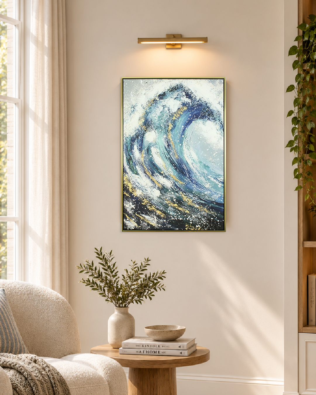 Sapphire Swell coastal wave wall art in a living room reading corner