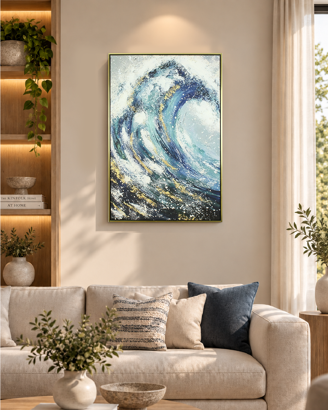 Sapphire Swell coastal wave wall art above a sofa in a living room