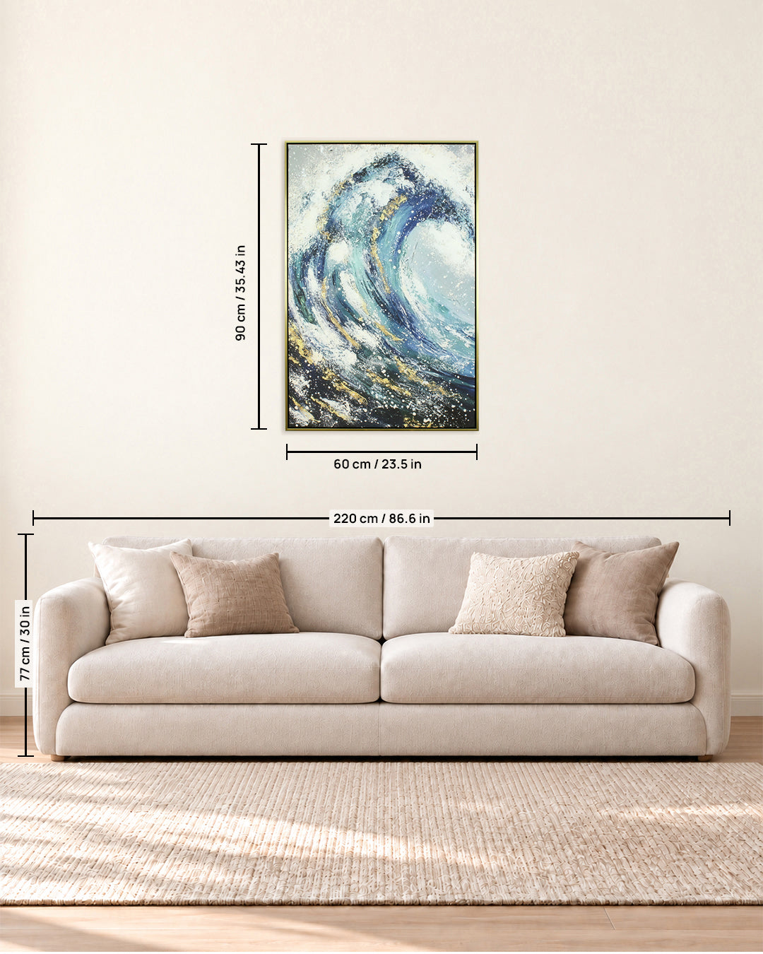 Sapphire Swell coastal wave wall art size guide above a sofa