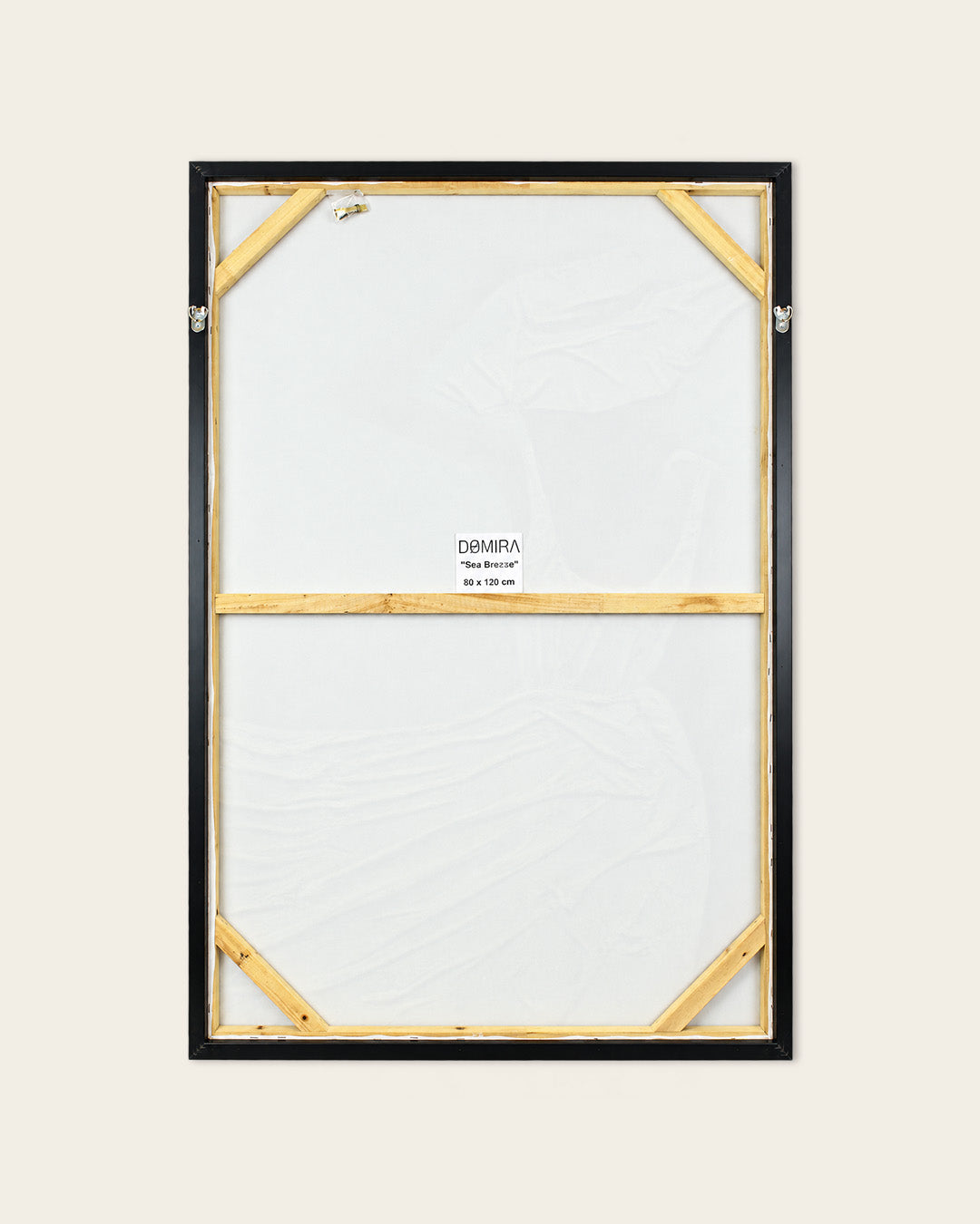 Sea Breeze woman in white dress painting back of the framed canvas