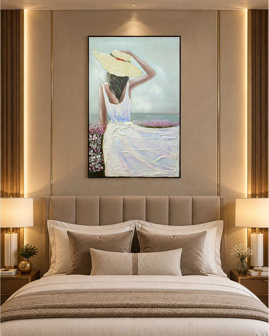 Sea Breeze woman in white dress painting above a bed in a bedroom