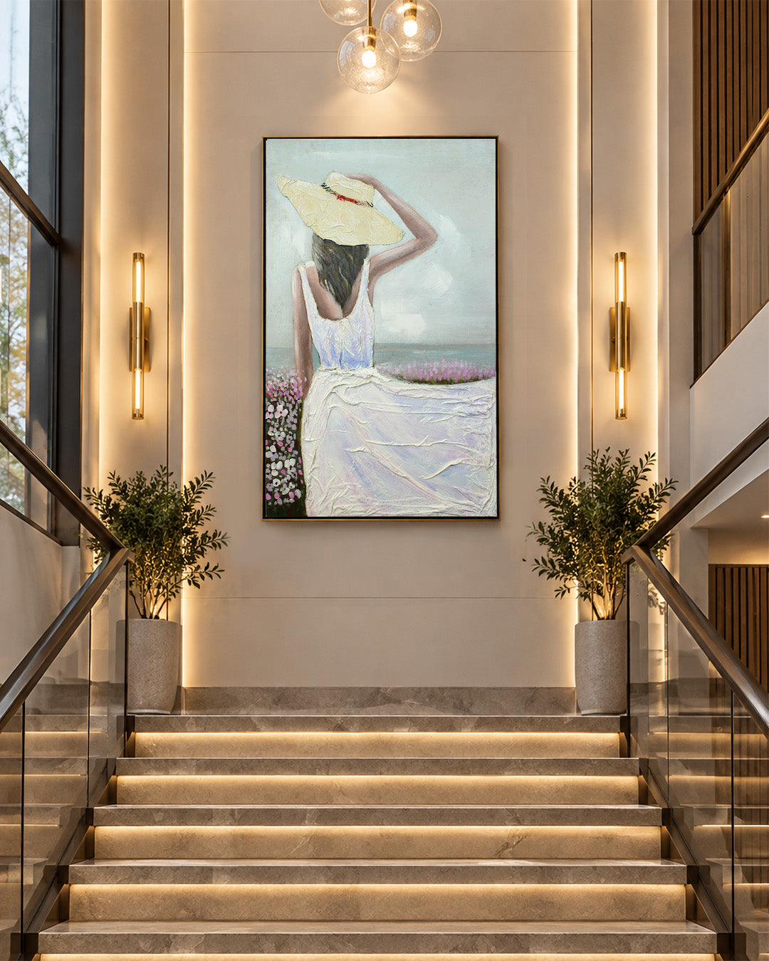 Sea Breeze woman in white dress painting in a hallway