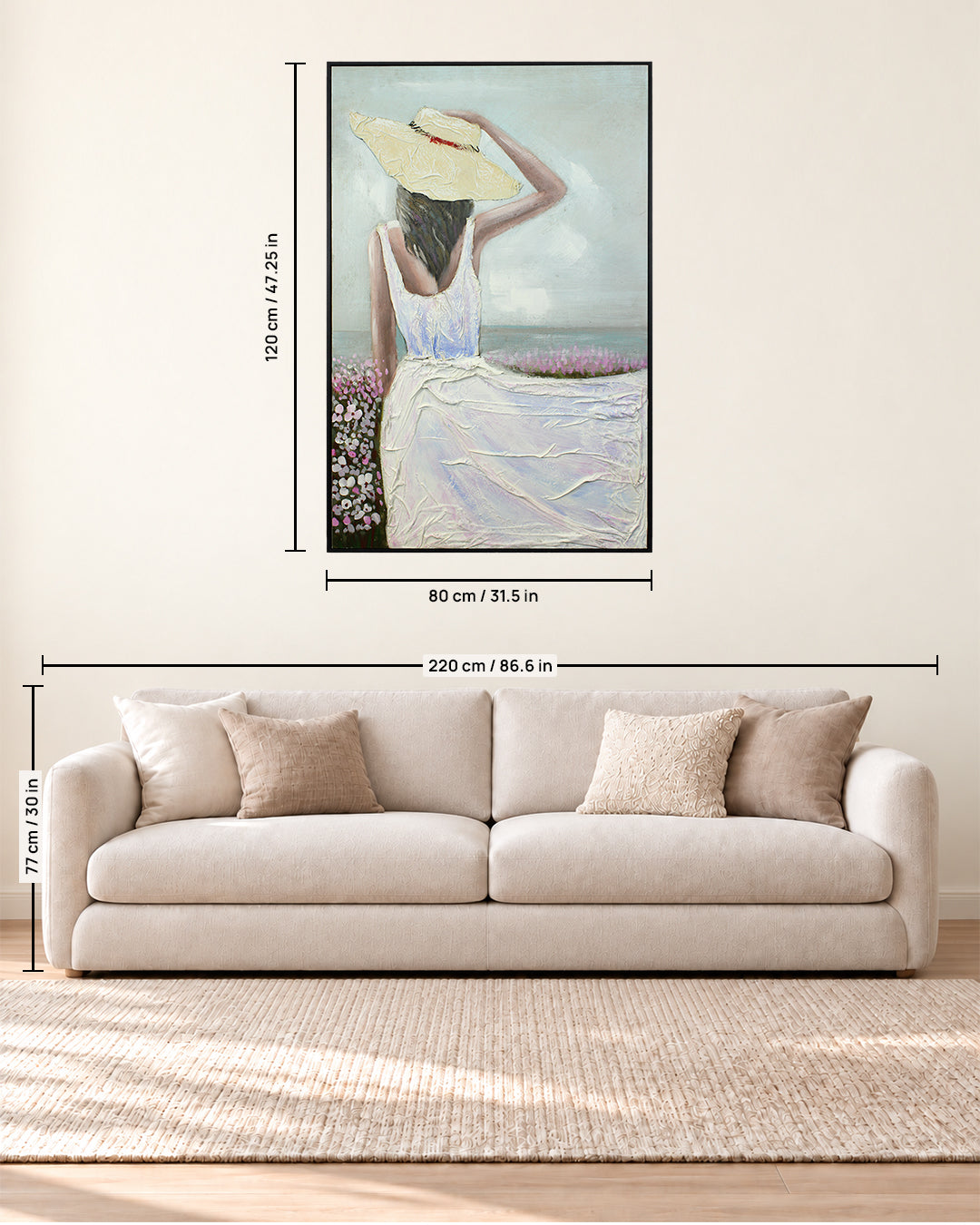 Sea Breeze woman in white dress painting size guide above a sofa