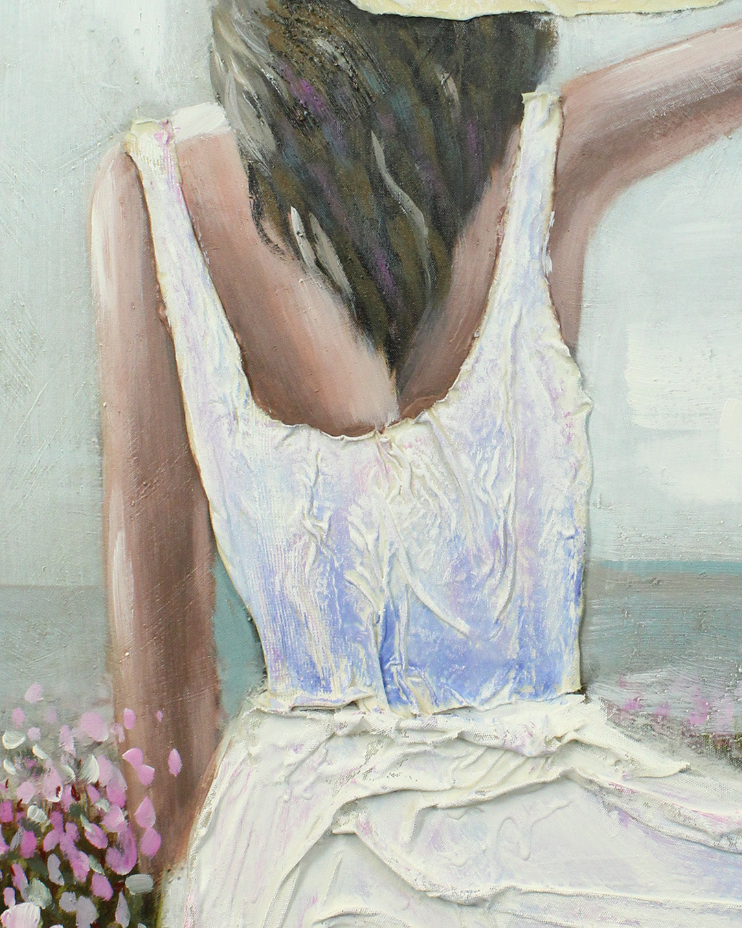 Sea Breeze woman in white dress painting close-up of the textured paint