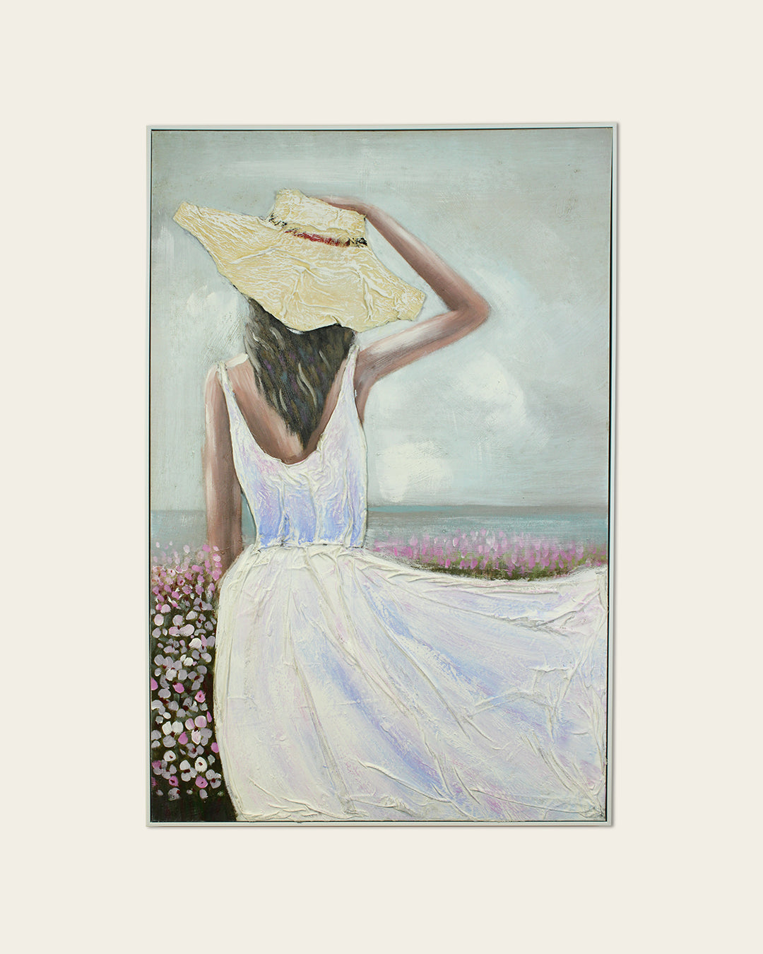Sea Breeze woman in white dress painting in a white frame