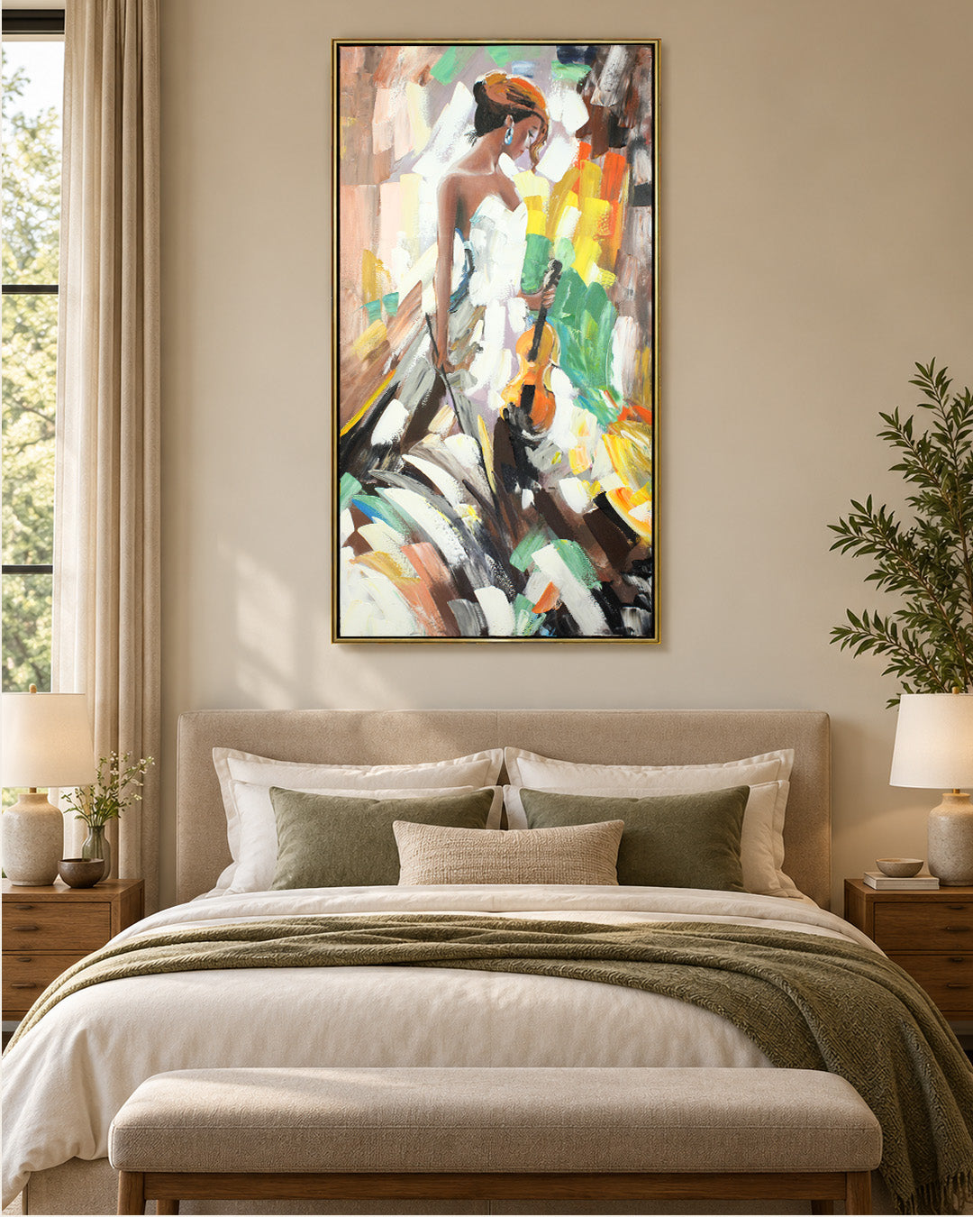 Serenade woman canvas painting above a bed in a bedroom