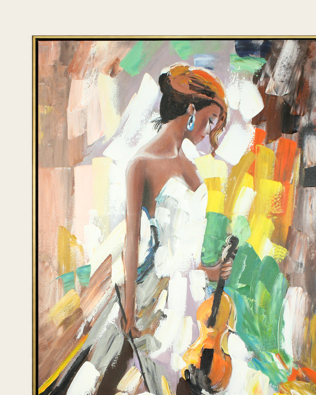 Serenade woman canvas painting frame corner detail