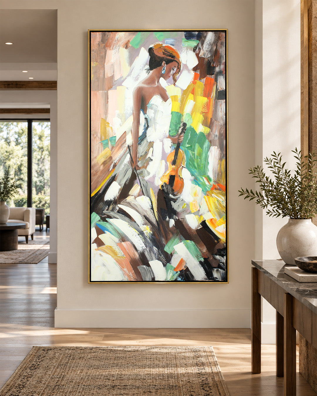 Serenade woman canvas painting in a hallway