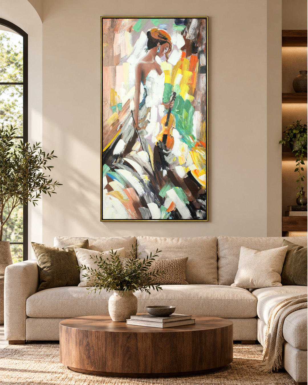 Serenade woman canvas painting above a sofa in a living room