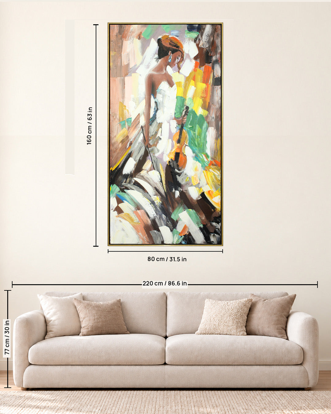 Serenade woman canvas painting size guide above a sofa