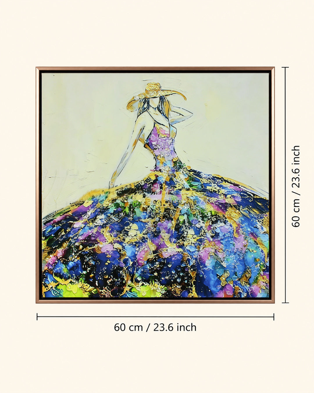 She Arrived woman resin wall art 60 x 60 cm dimensions in a rose gold frame