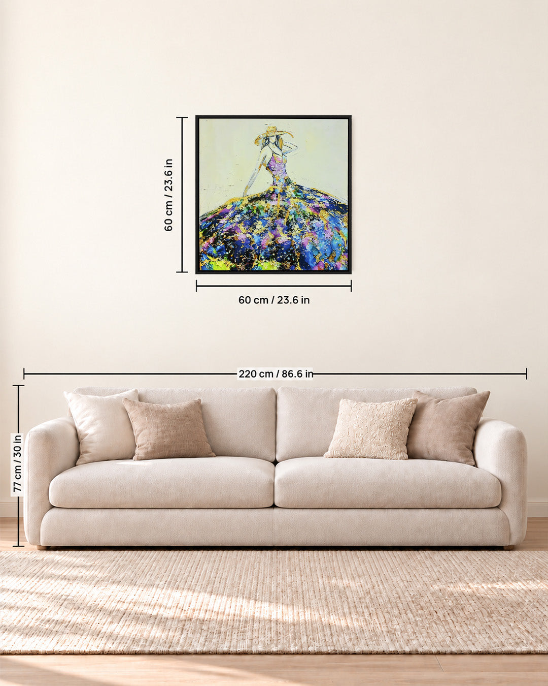 She Arrived woman resin wall art 60 x 60 cm size guide above a sofa