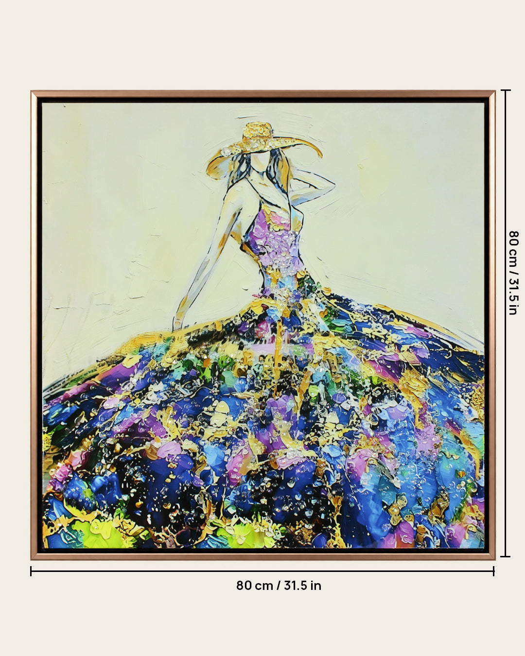 She Arrived woman resin wall art 80 x 80 cm dimensions in a rose gold frame