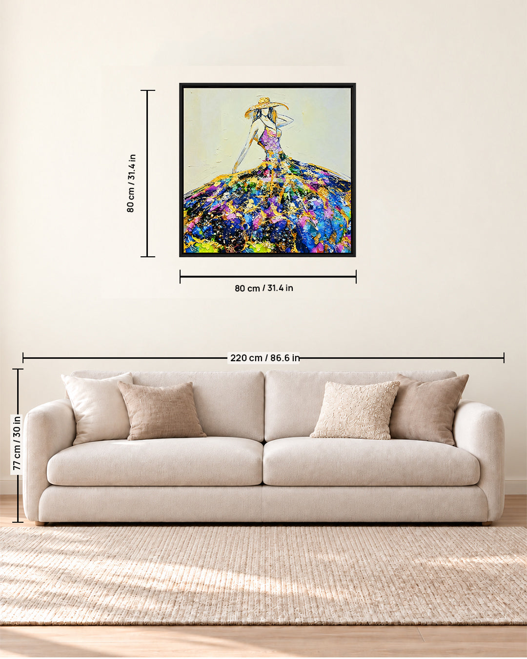She Arrived woman resin wall art 80 x 80 cm size guide above a sofa